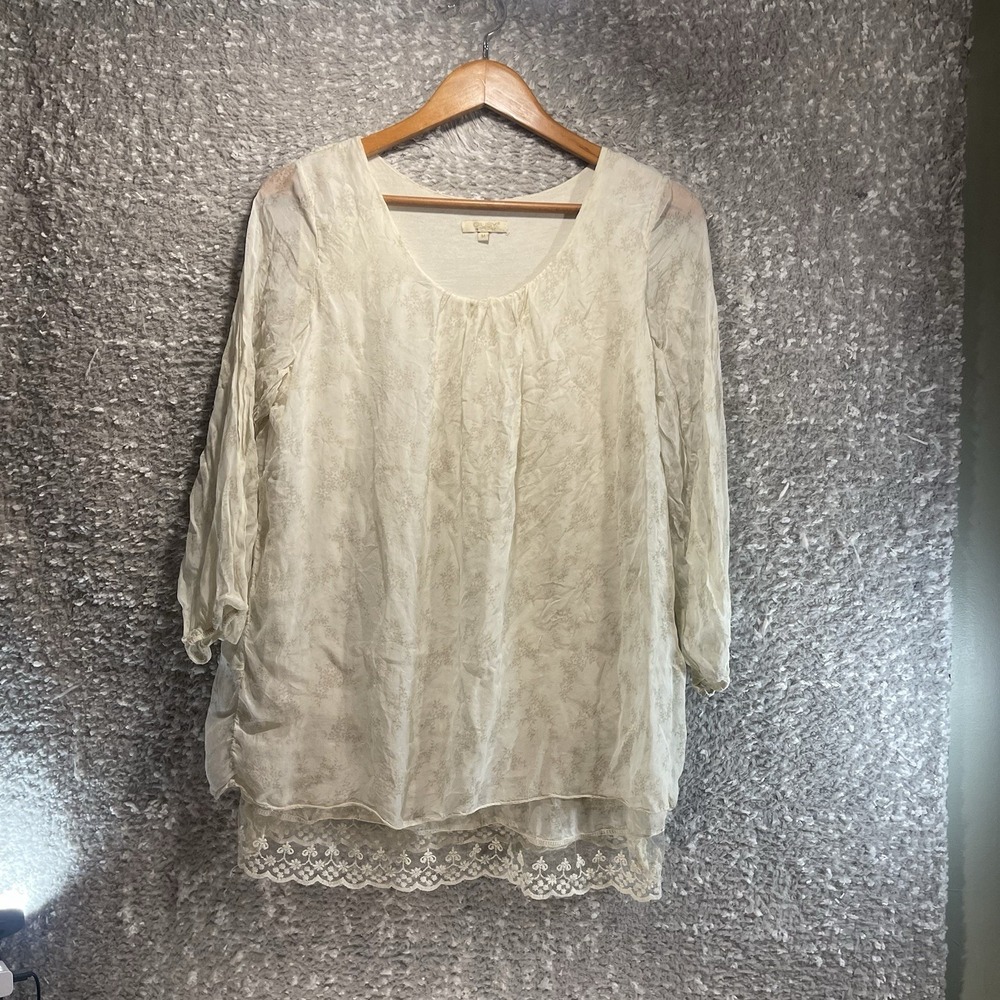 Giusy Made In Italy‎ Silk Sheer Overlay Top Lined Lagenlook Boho Crochet M